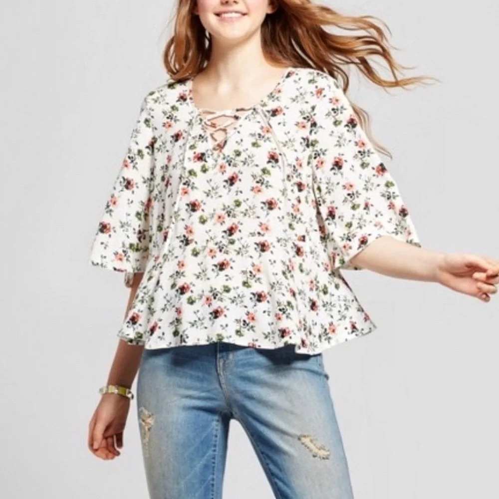 Flare Bell Sleeve Blouse Boho Top Tie Neck Size Large